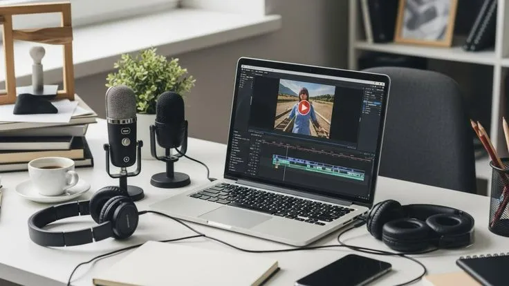 Editing workstation with a laptop showing a video timeline, microphones and headphones